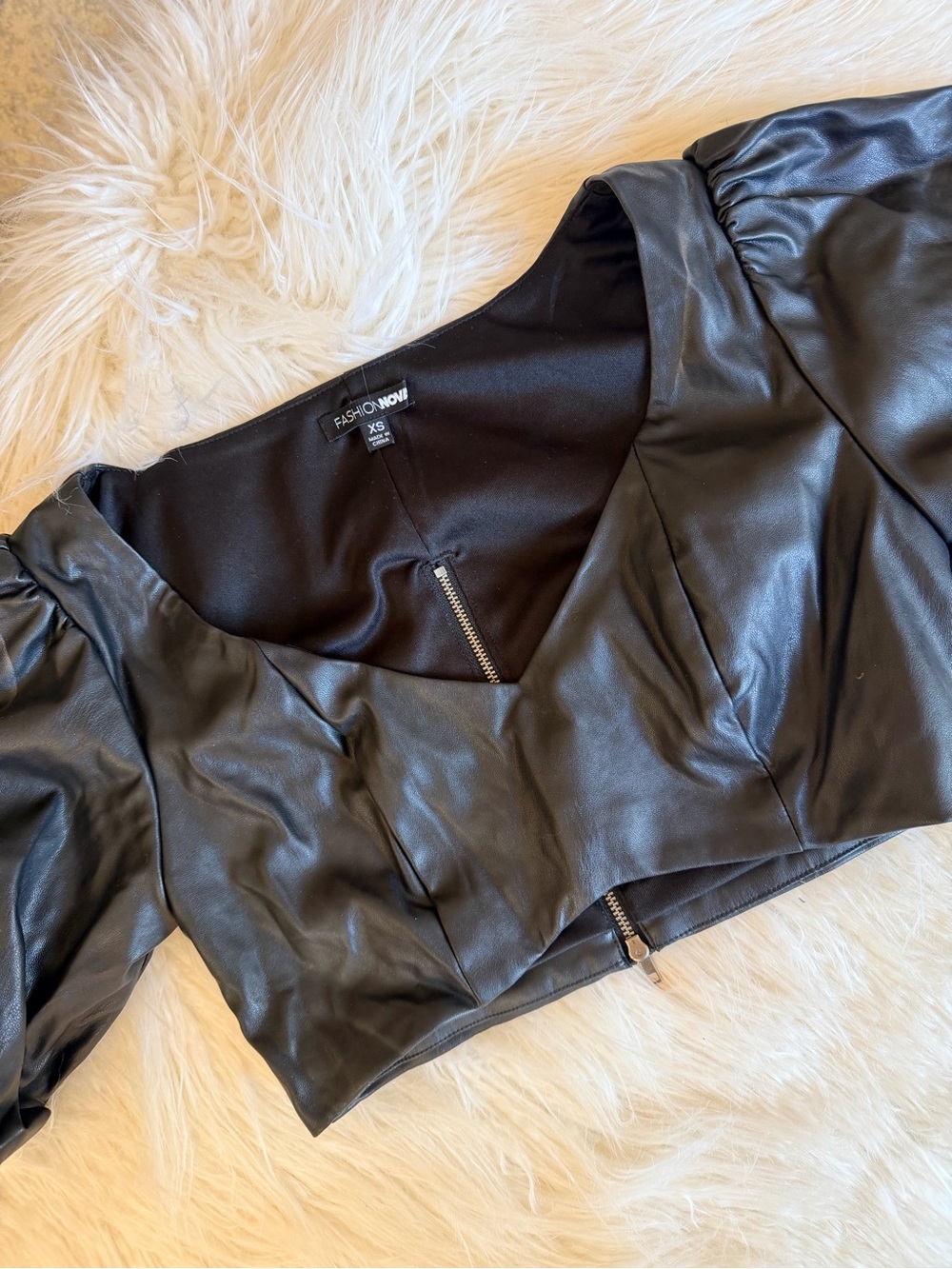 Fashion Nova Black Faux Leather Puff Sleeve Crop Top